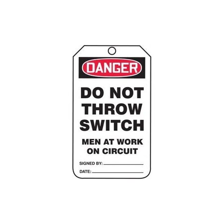 Accuform Mini Safety Tags, DANGER DO NOT THROW SWITCH MEN AT WORK ON CIRCUIT, 4.25in x 2.125in, 25PK TAM107PTP